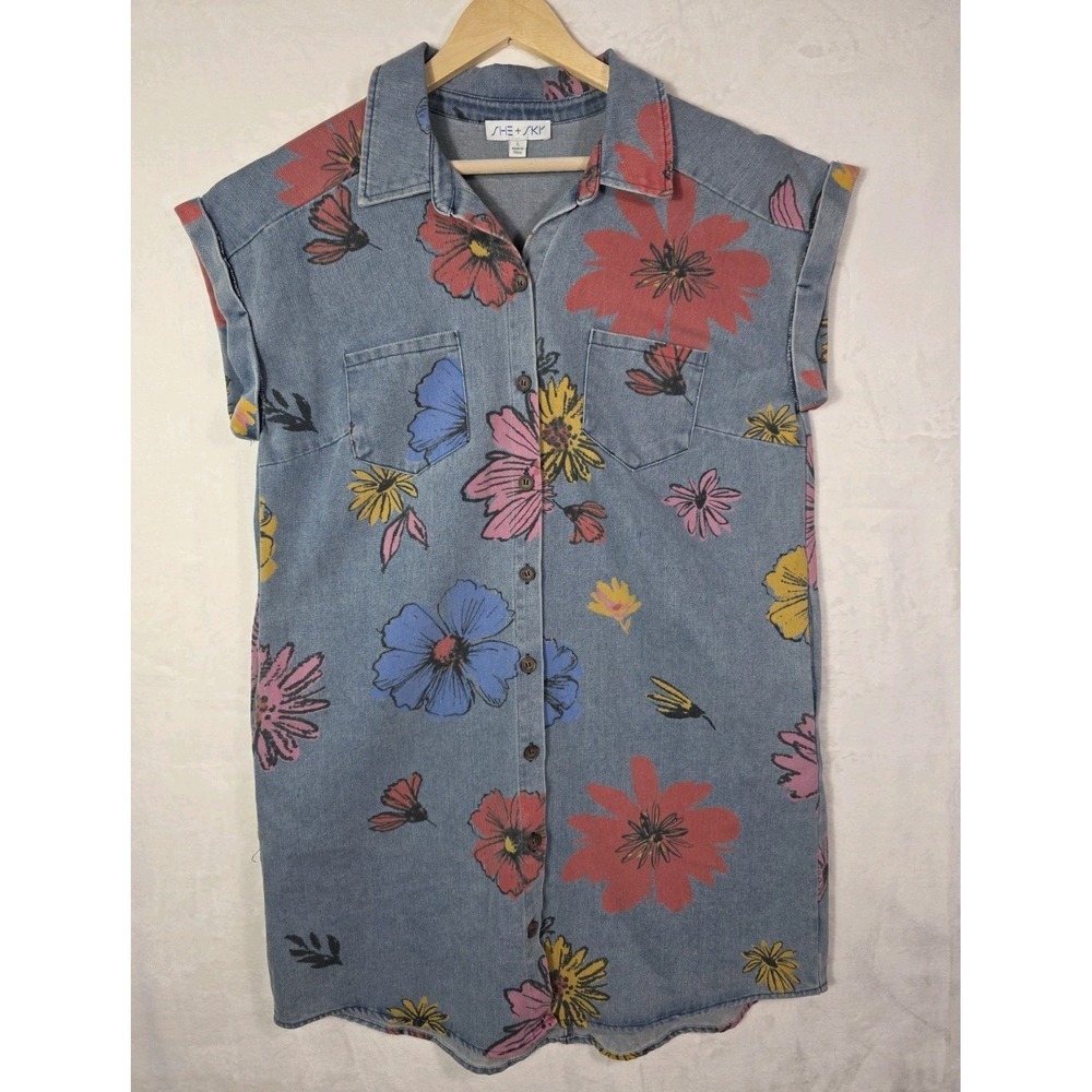 She + Sky Chambray Denim Floral Shirt Dress Button Front Tunic Boho Size L - Picture 2 of 10